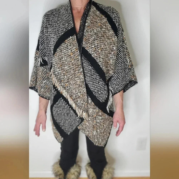 Chico's Textured Knit Fringe Career Open Front Cardigan   Patchwork Wool Blend - Picture 10 of 10